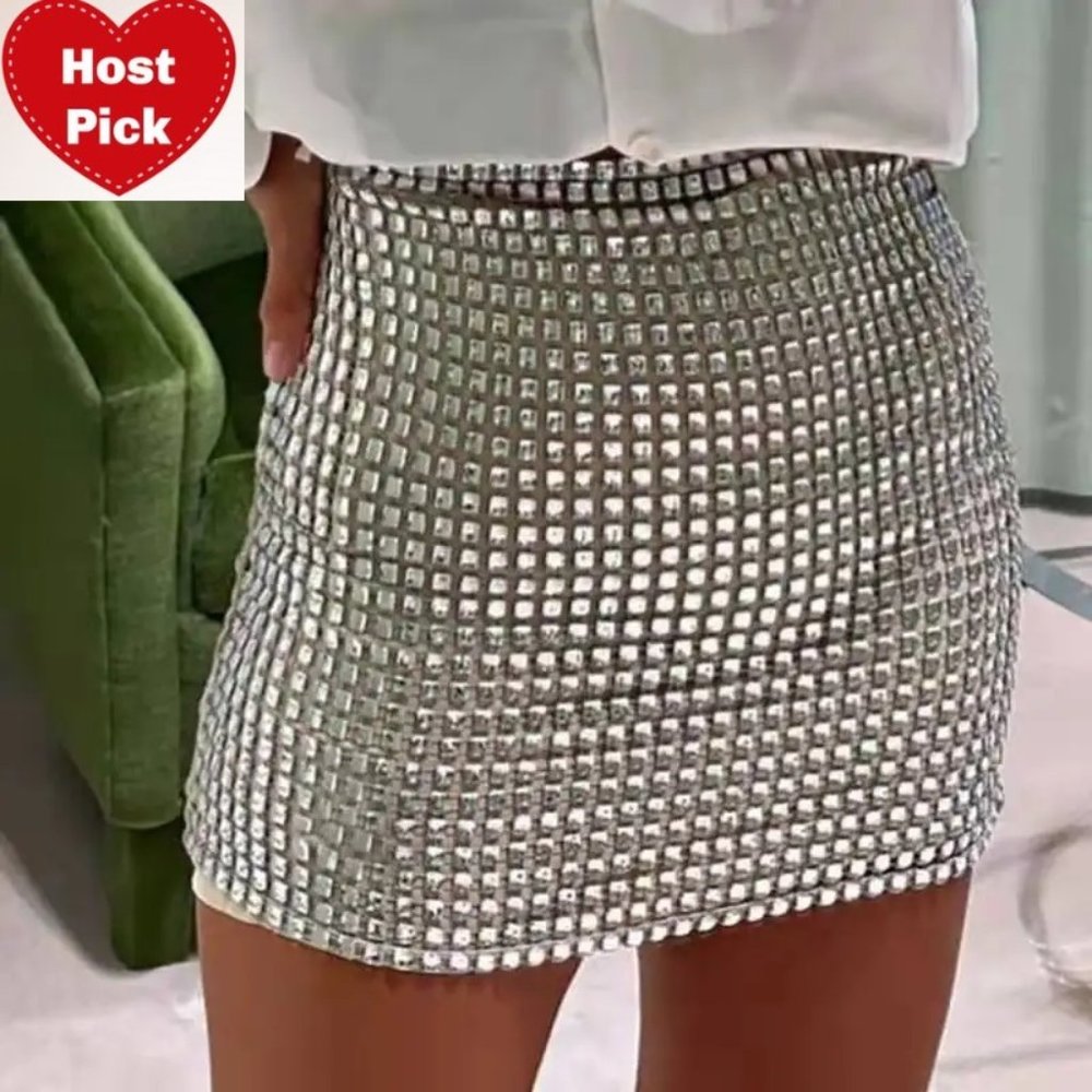 Silver Sequin Mini Skirt High Rise Clubwear Dancewear Stretchy Sizes S M L - Picture 3 of 12